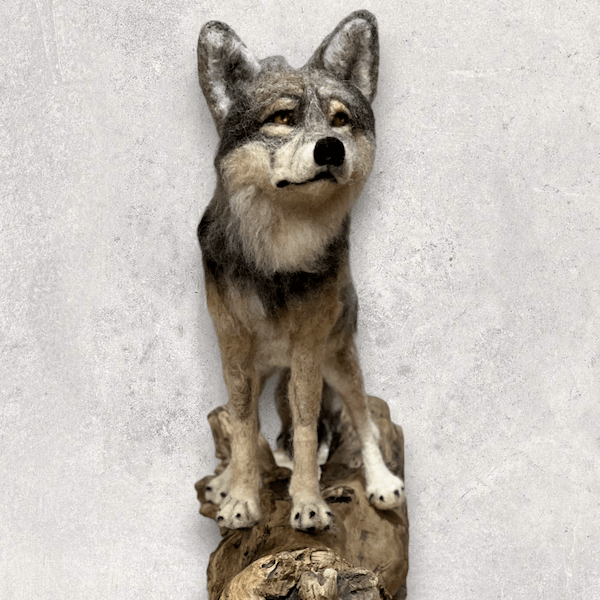 European wolf scultpure, standing on a fallen tree
